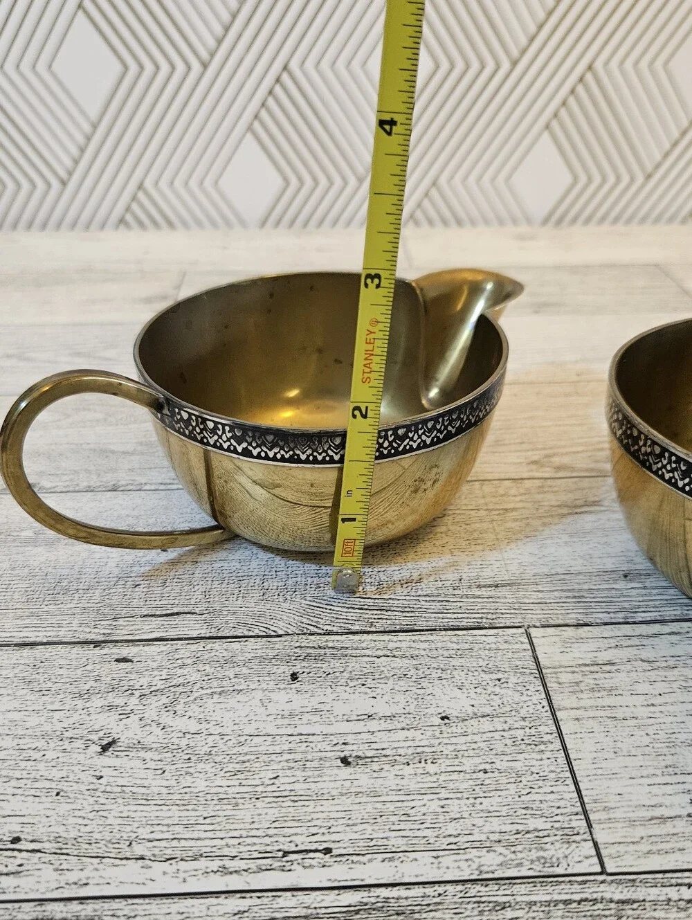 Vintage Creamer & Sugar Bowl 2 Pieces Gold Tone With Decorative Black Border